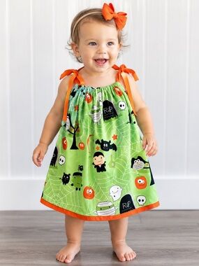 Cozy Bug Halloween‎ Pillowcase Dress 12M Green Pumpkin Ghost Bat USA Cotton